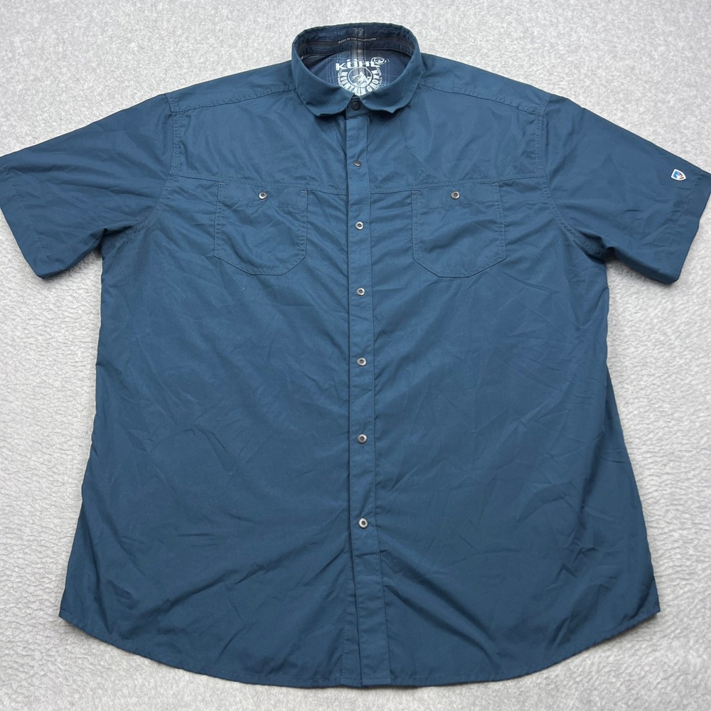 KUHL Stealth Short Sleeve Shirt Mens XL Blue Snap Button Up Tech Utility 7276